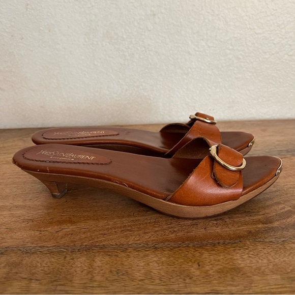 Yves Saint Laurent Rive Gauche Caliente wooden kitten heel sandals brown leather - Picture 3 of 16